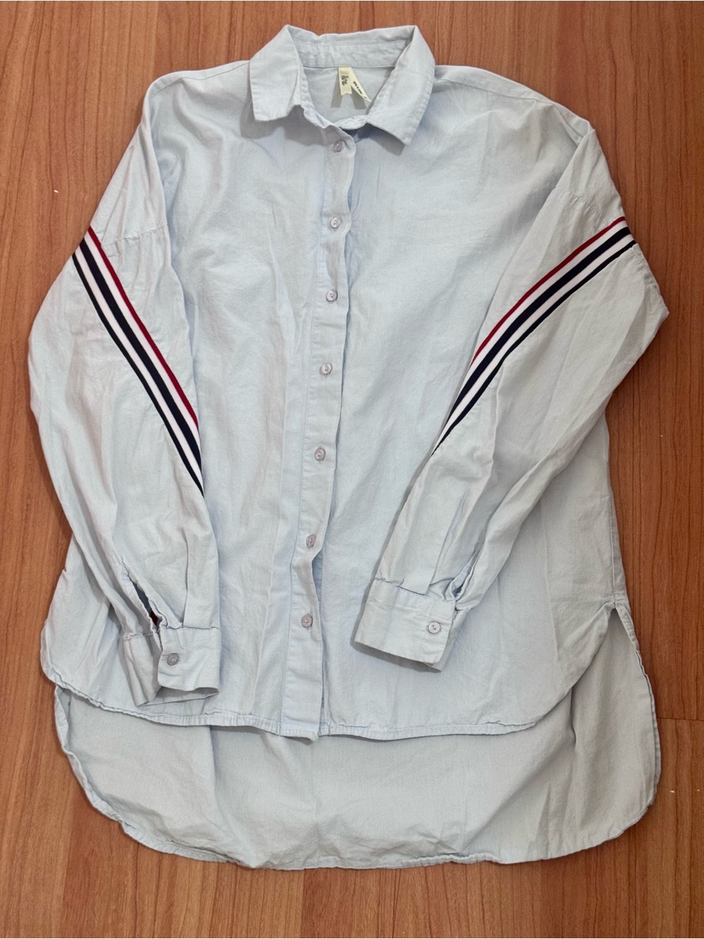 Oversized Button Down Shirt Light Blue Striped Sleeve Blouse Size Medium